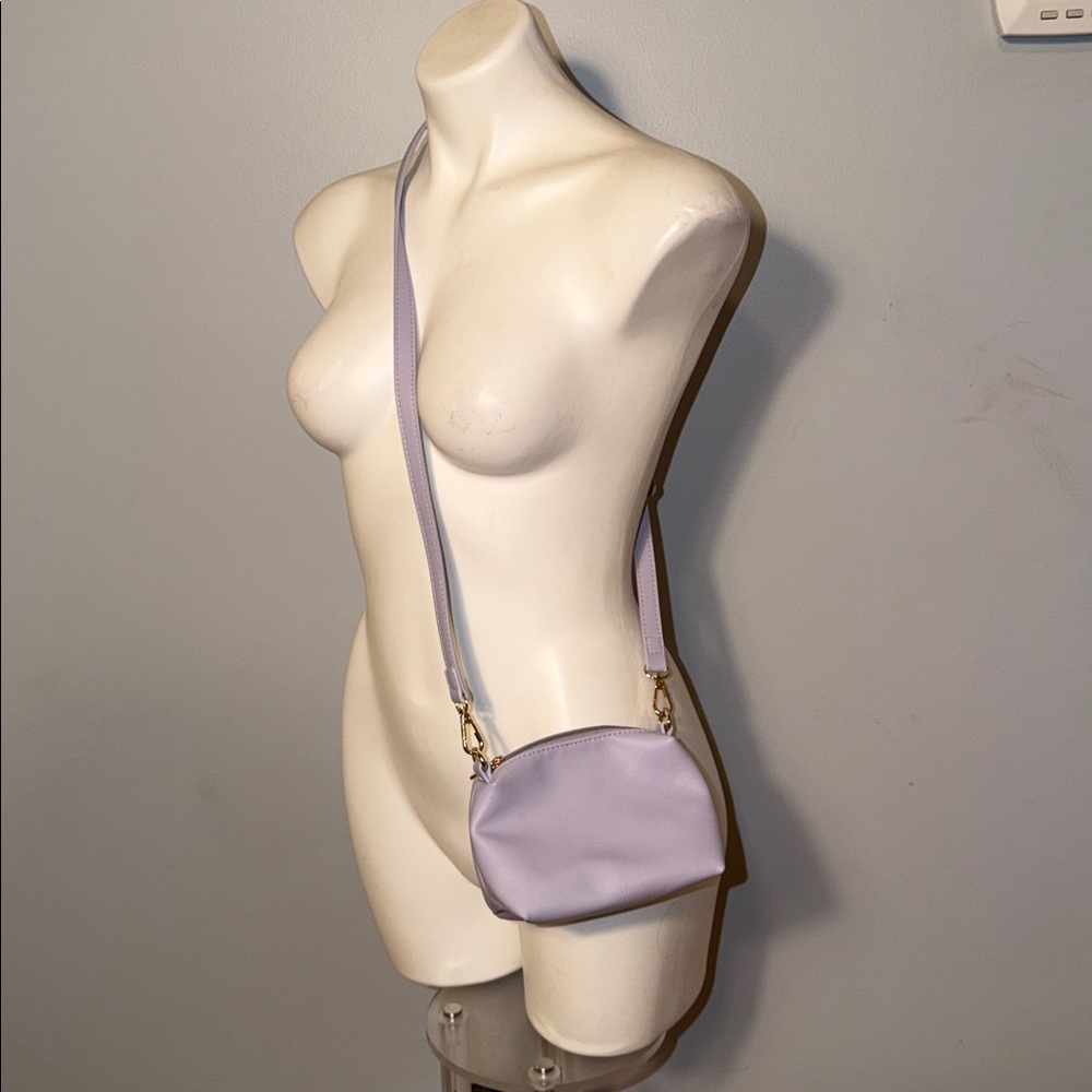 Anthropologie Ladies Mini Crossbody Purse. Lavender with gold tone accents.